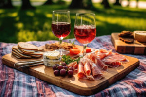 wine glasses and charcuterie board on picnic blanket