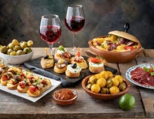 assorted spanish tapas on a rustic wooden table with two glasses of wine